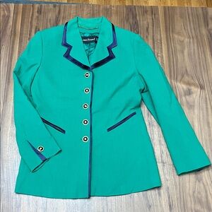 Vintage Louis Feraud Blazer Kelly Green Gold Detail Buttons Purple Accents Wool